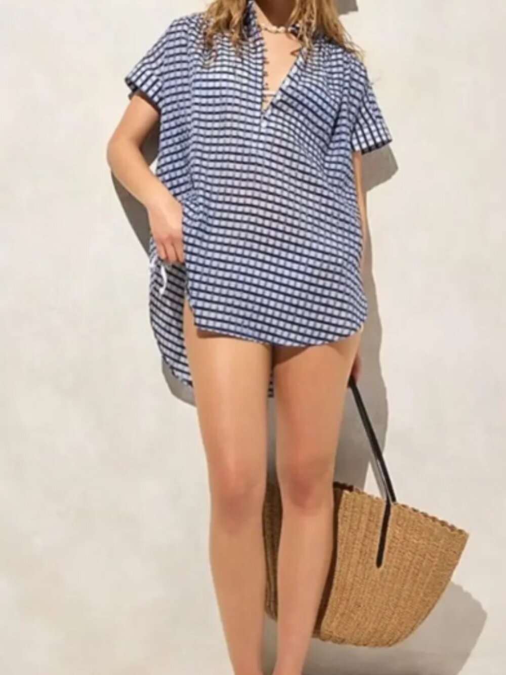 J. Crew Crinkled Gingham Tunic Shirt Beach Dress Coverup Sz S